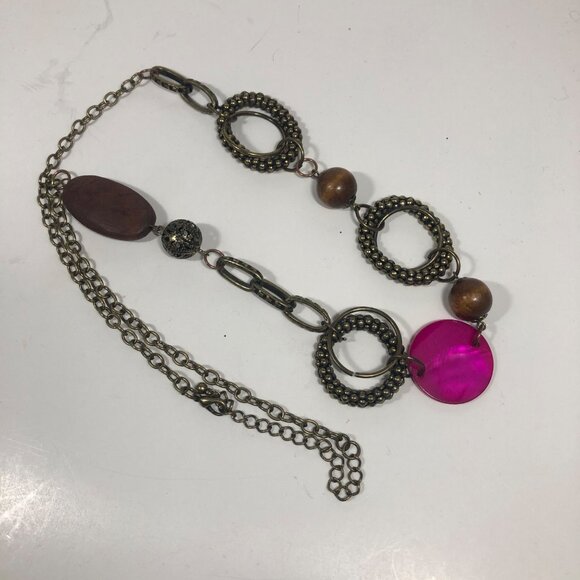 Boho Statement Necklace Brass Rings Wood Beads Pink Disc Pendant - Picture 5 of 6